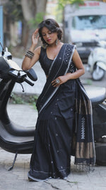 Black With Golden Zari Pallu Cotton Handwoven Needle Work Jamdani Saree