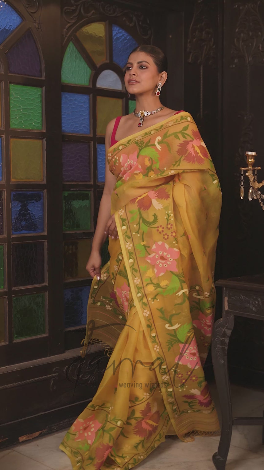 Yellow With Multicolour Allover Floral Handwoven Jamdani Saree