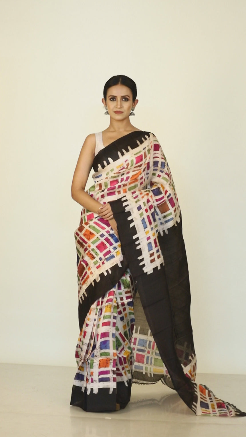 Black with multi colour boxed handcrafted batik silk sarees video