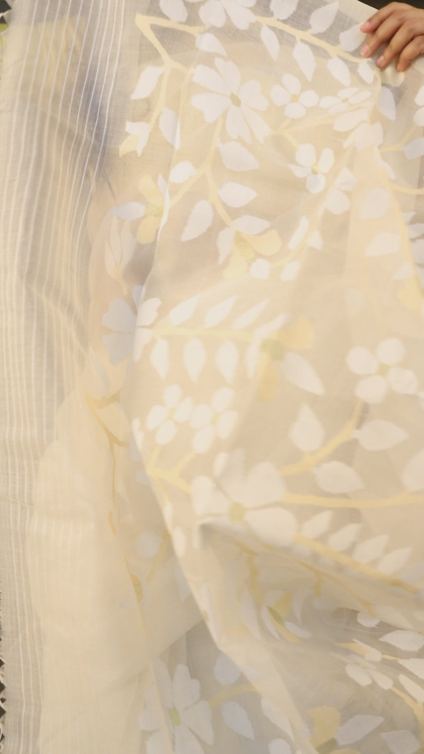 White self beige floral handwoven muslin silk jamdani saree video