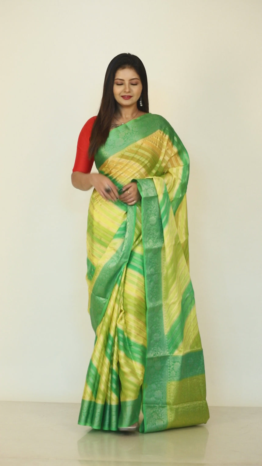 Green With Yellow colour Semi Georgette Benarasi Silk saree video