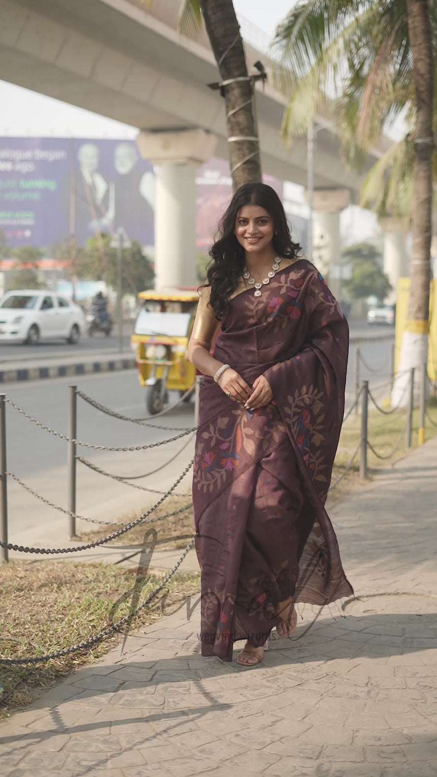 Chocolate Brown Allover Floral Handwoven Tussar Silk Jamdani Saree