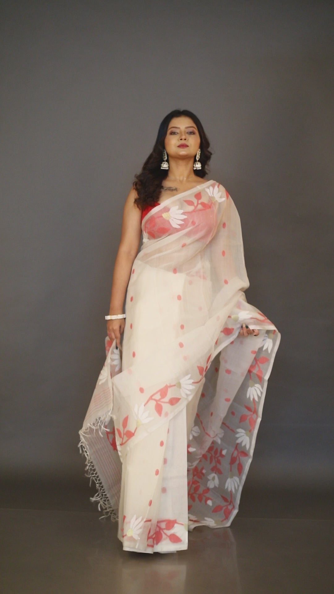 White Handwoven Muslin Silk Jamdani Saree With Red-Gold Floral Motifs