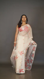 White Handwoven Muslin Silk Jamdani Saree With Red-Gold Floral Motifs