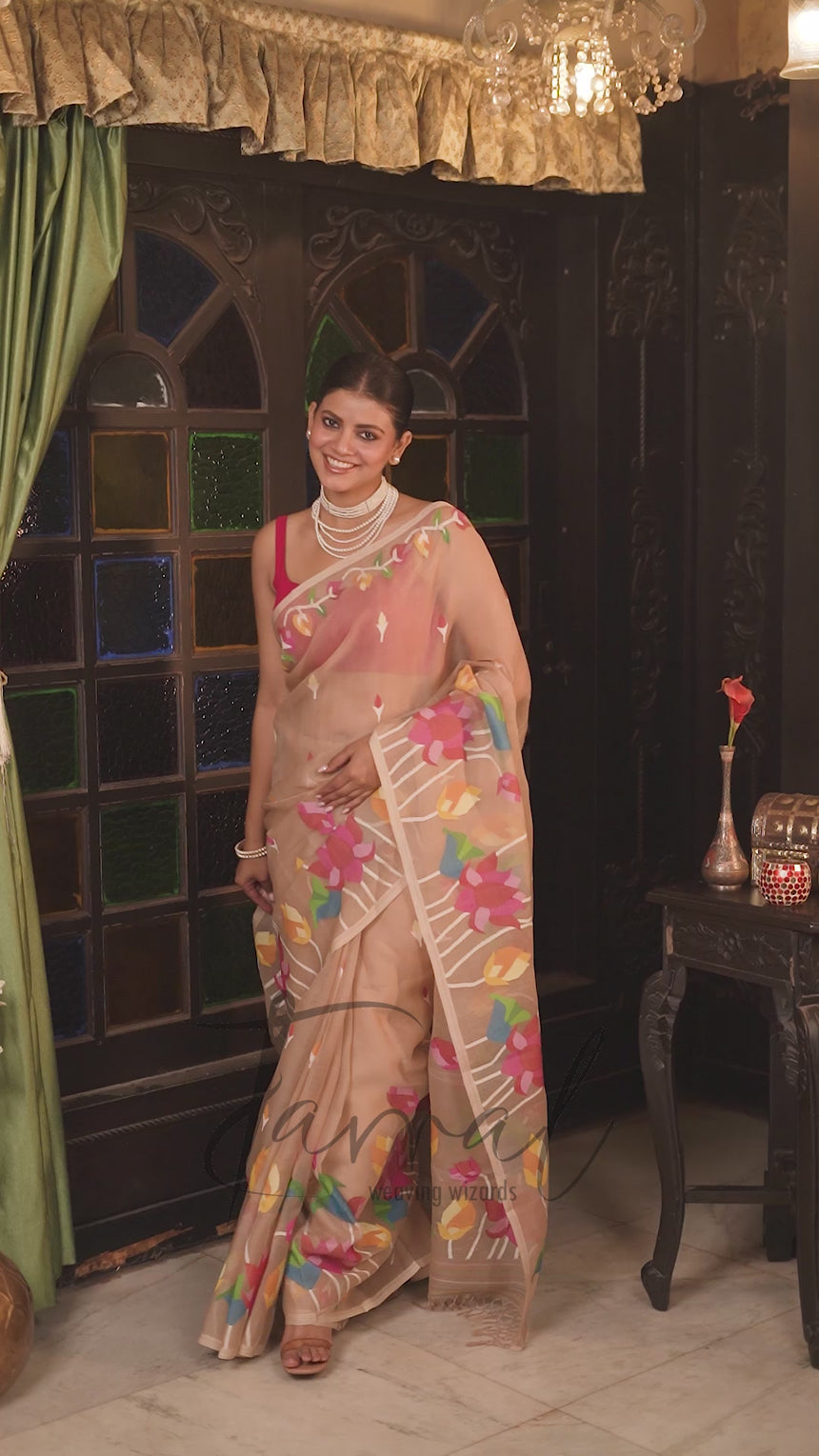 Golden Beige With Multicolour Lotus Motifs Handwoven Jamdani Saree