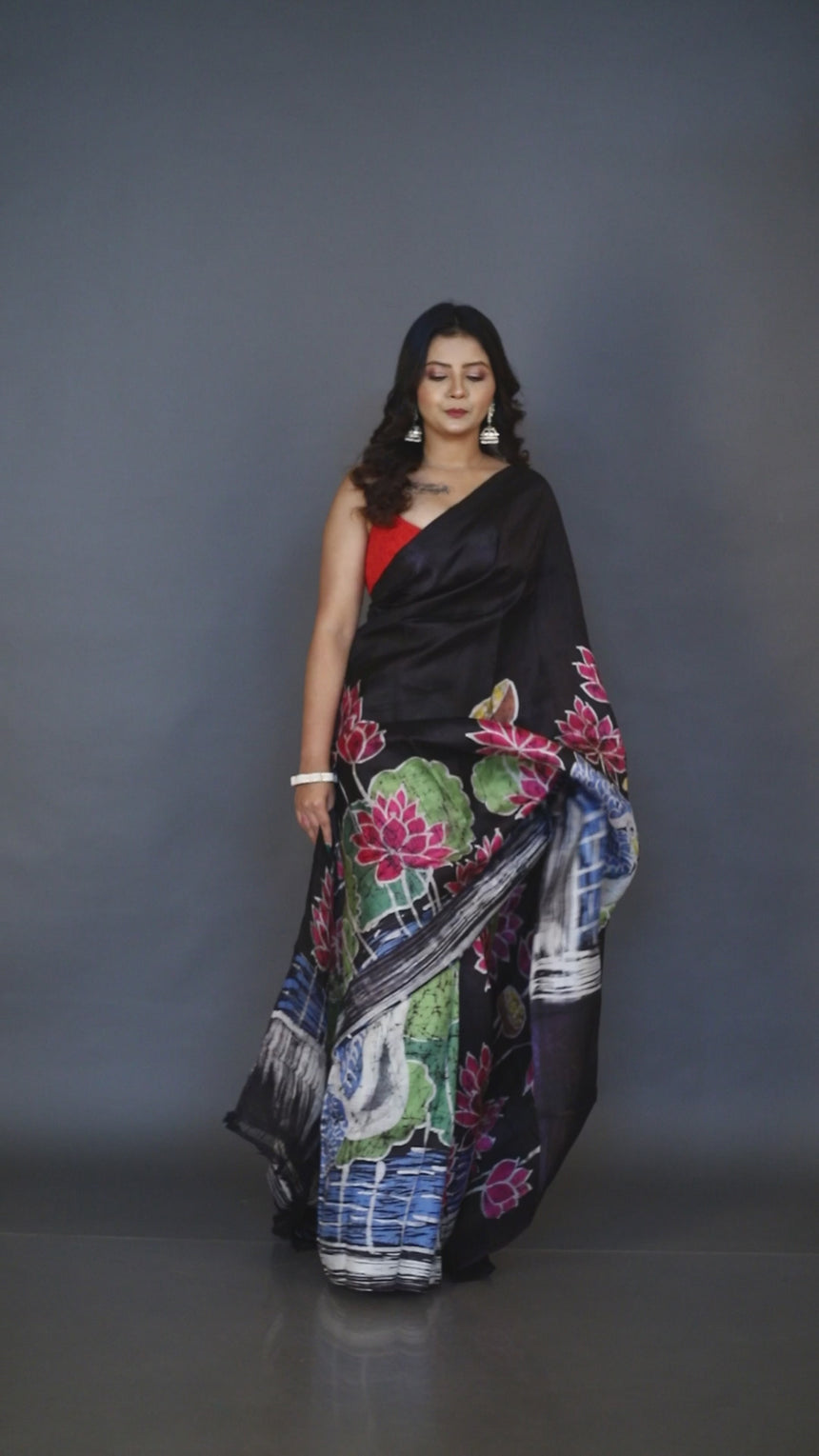 Swan lotus handcrafted black and multicolour batik silk saree video