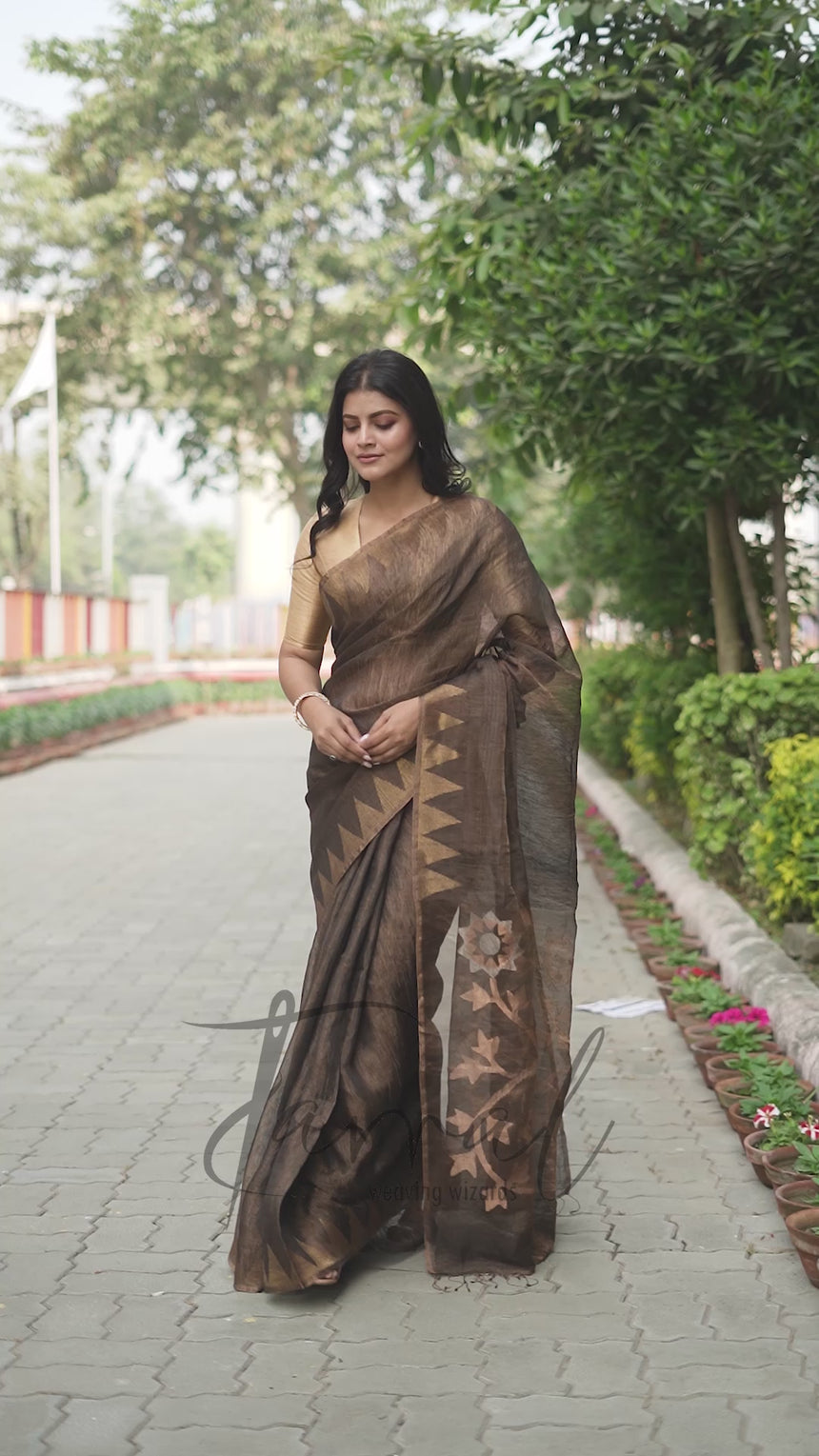 Golden Black Pure Tissue Silk Linen Handwoven Jamdani Saree