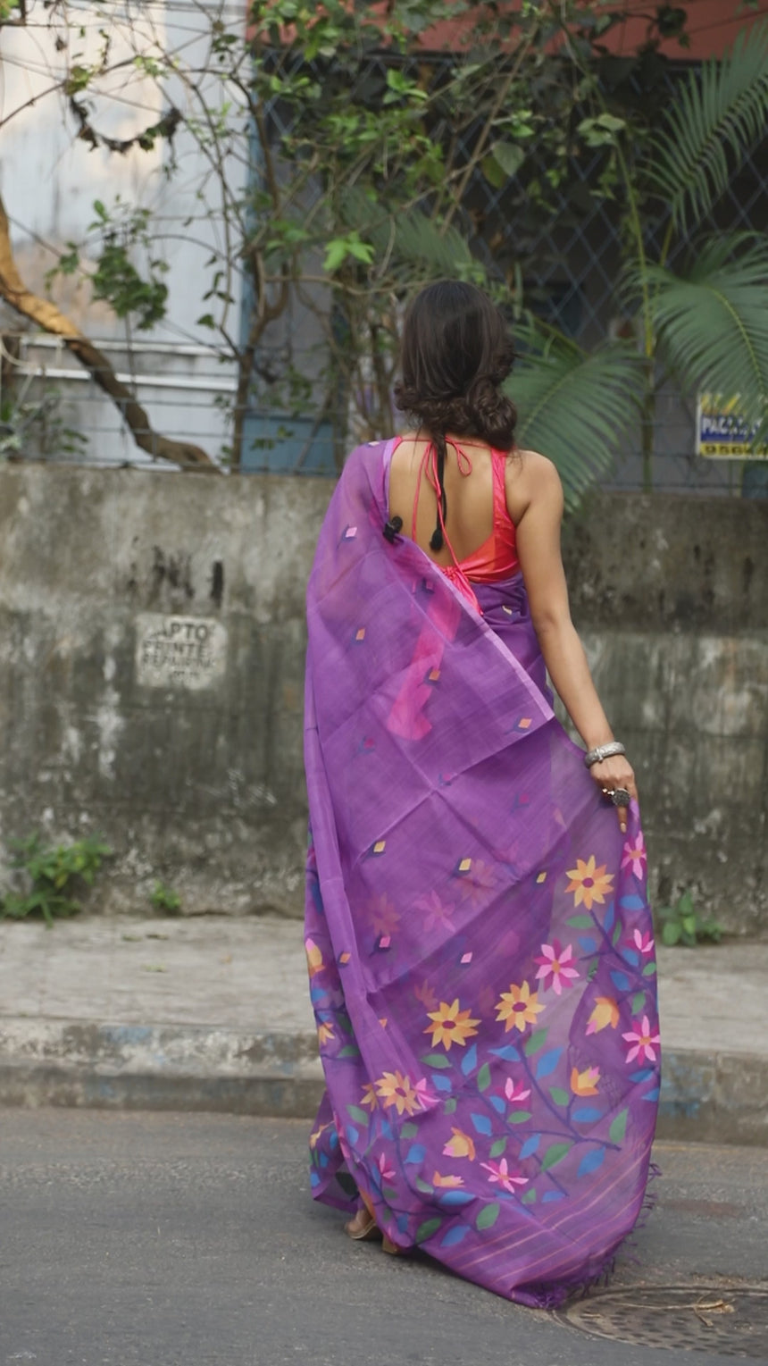 Periwinkle with floral handwoven muslin silk jamdani sarees video