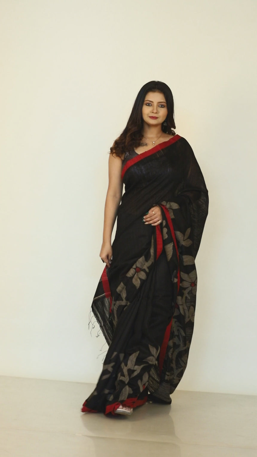 Black with red border in Matka silk handwoven jamdani saree video