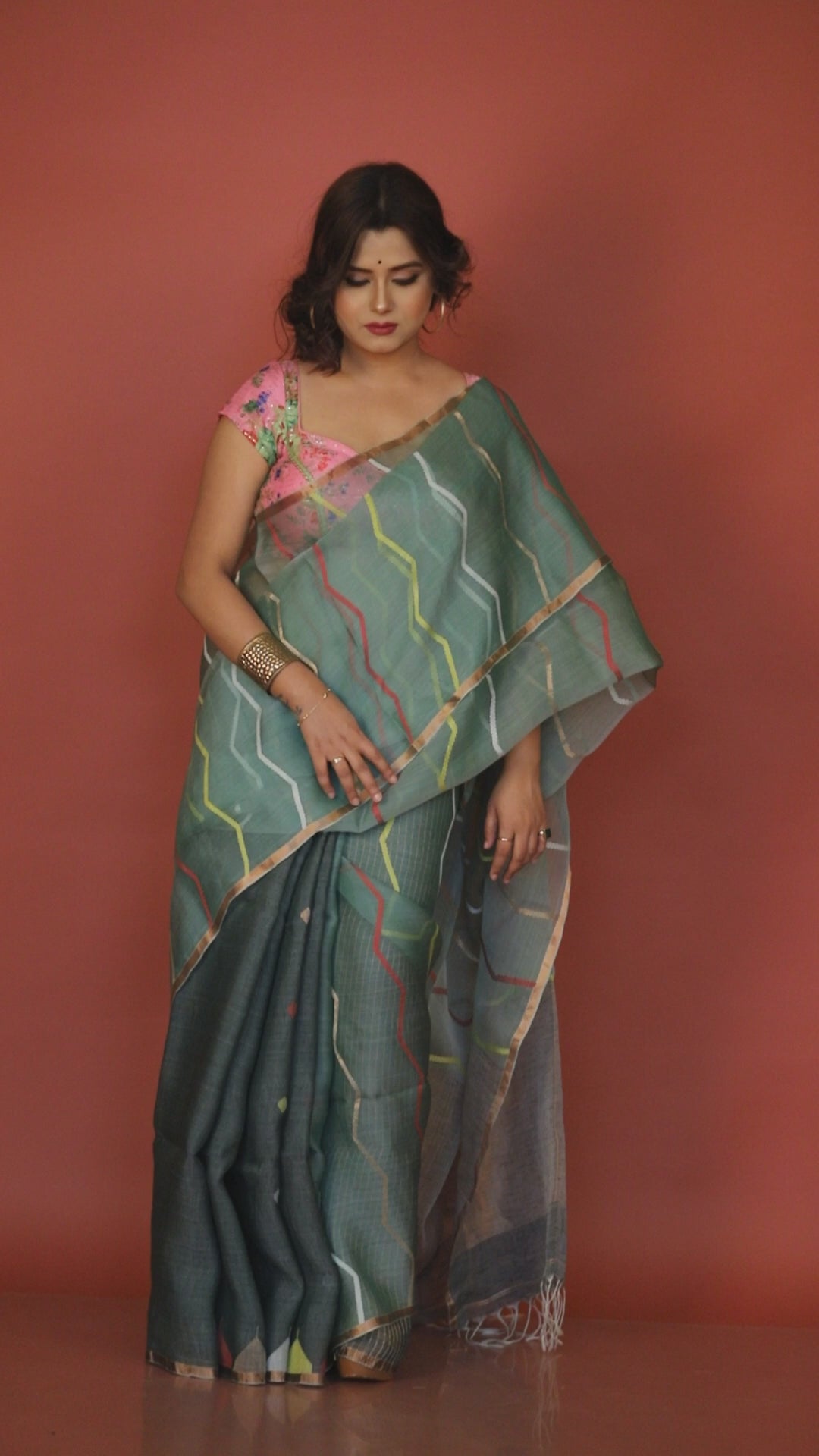 Green With Golden Zari Border Silk Linen Half & Half Handwoven Jamdani Saree