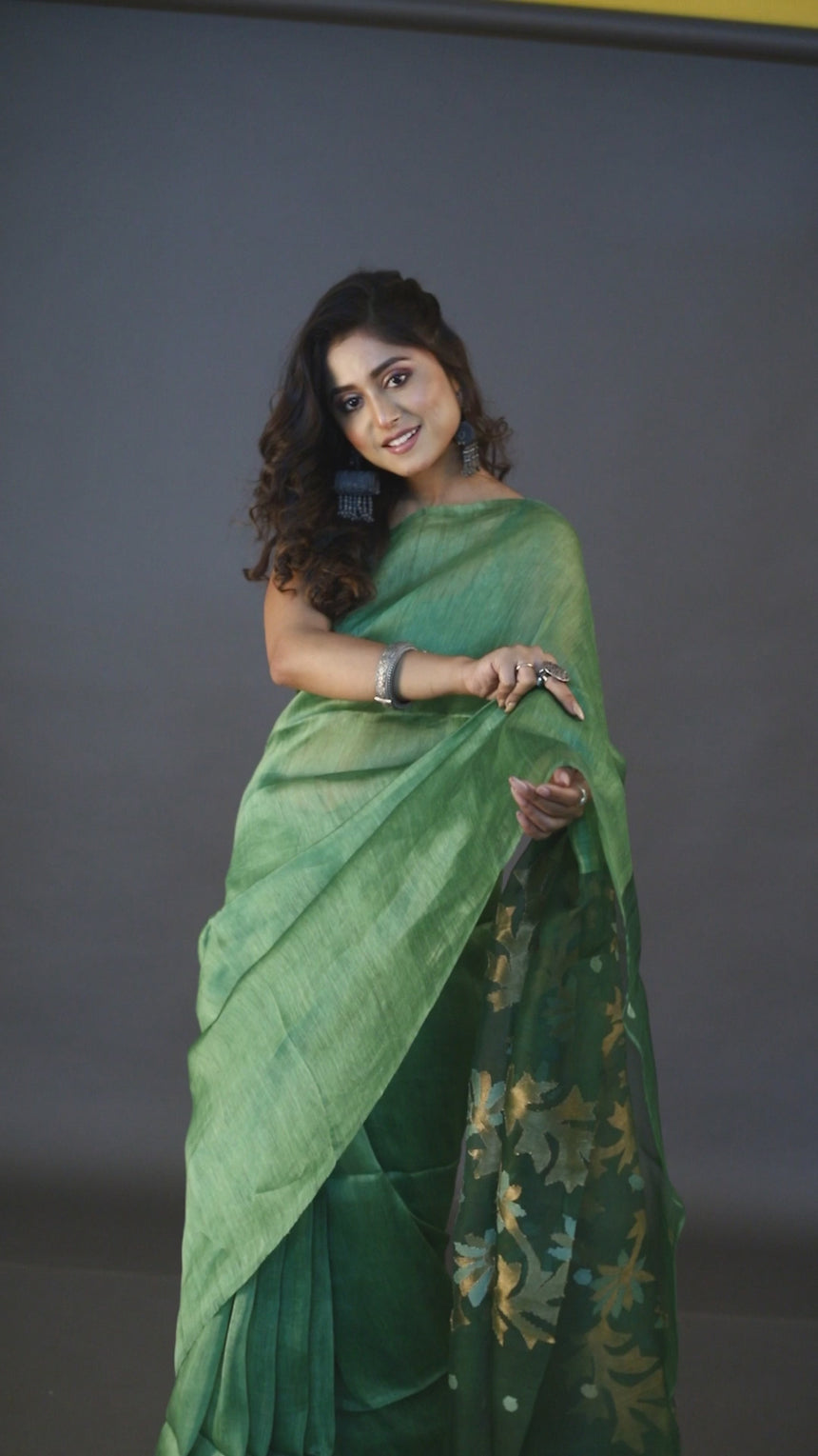 Green silk linen handwoven jamdani saree