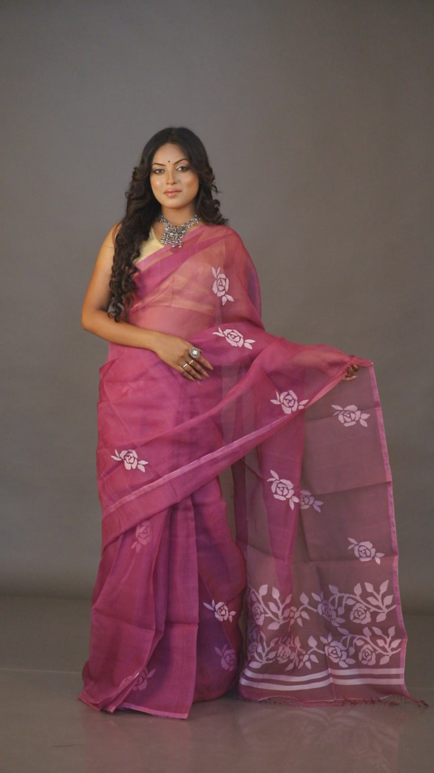 Orchid purple rose motifs handwoven muslin silk jamdani saree video