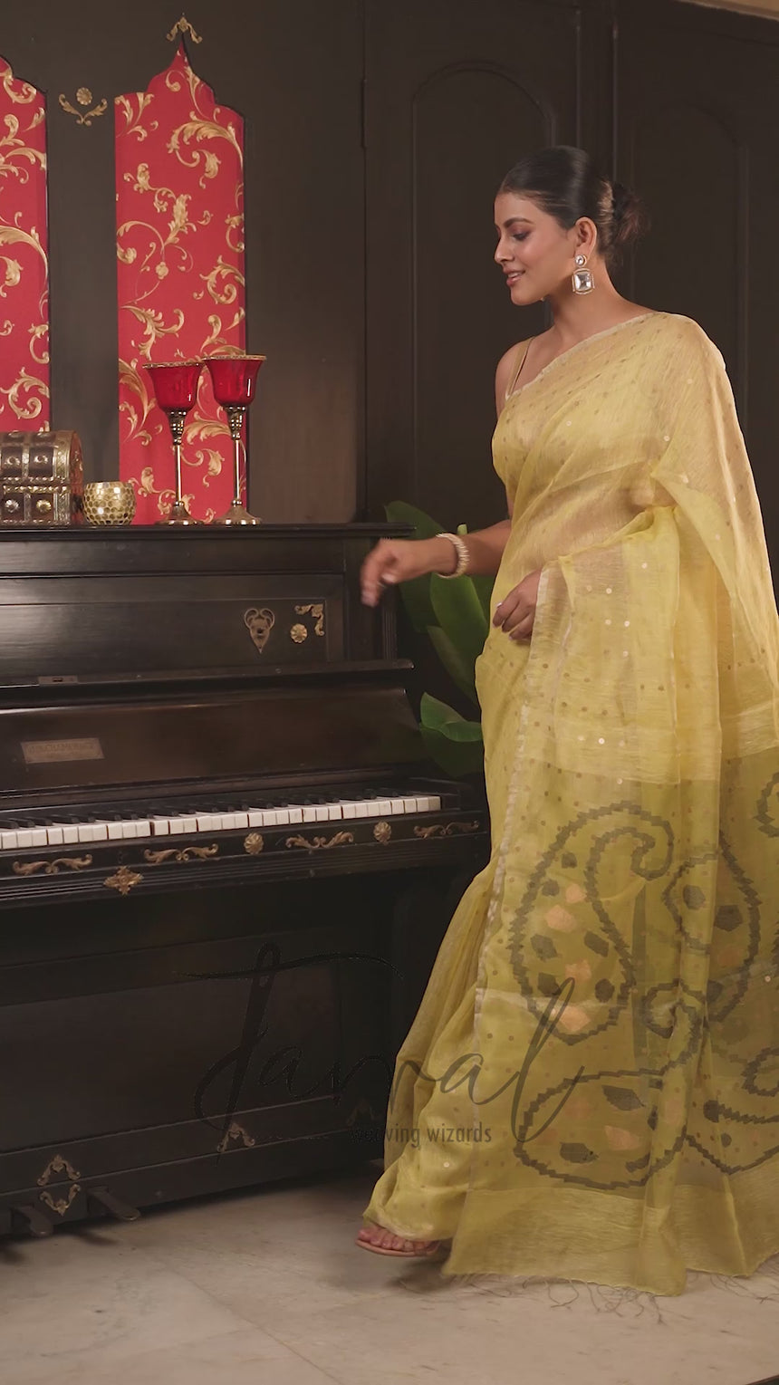 Olive Yellow With Sequins Work Tissue Silk Linen Handwoven Jamdani Saree