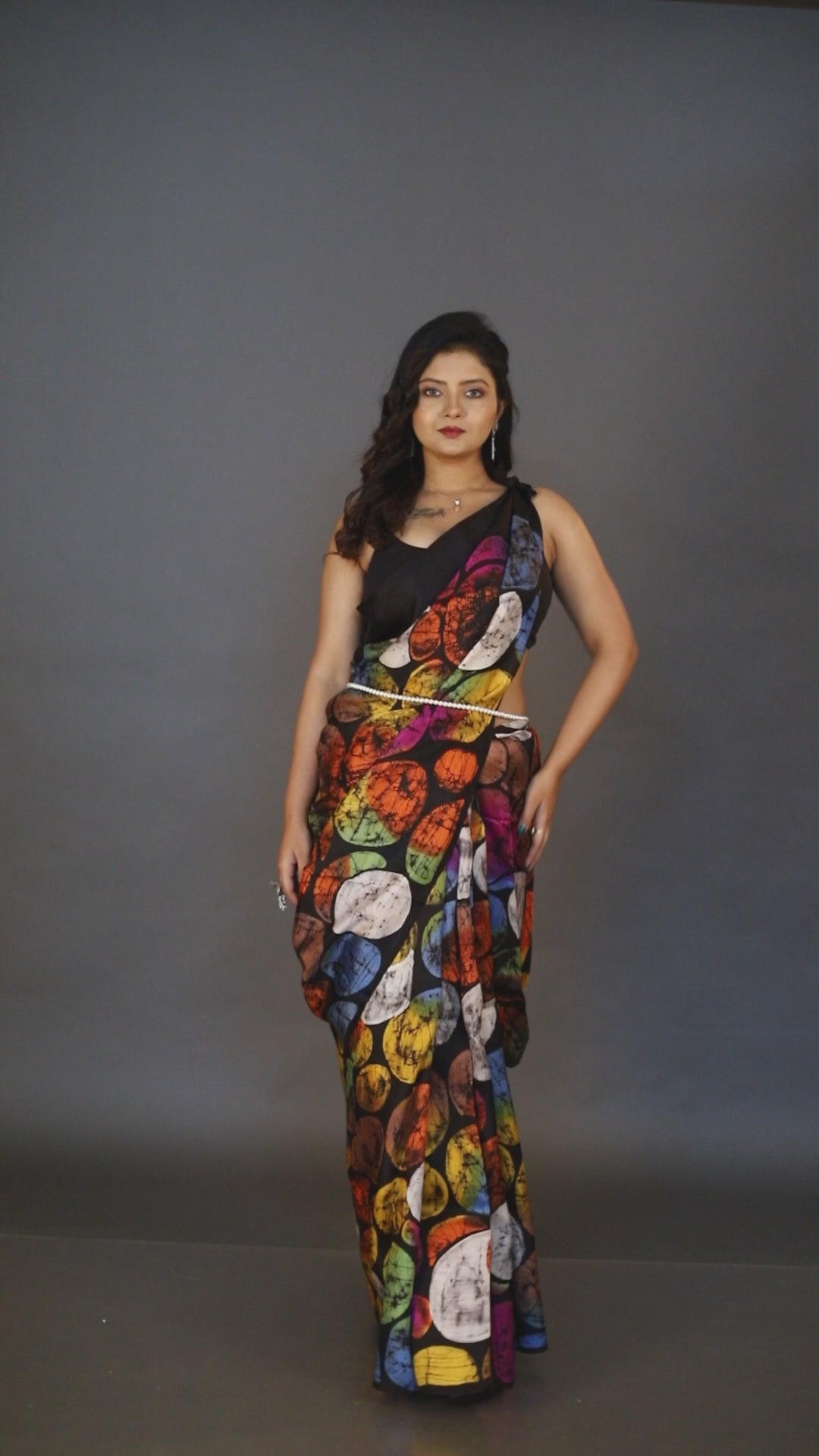 Black with multi colour palka dot batik in katan silk saree video