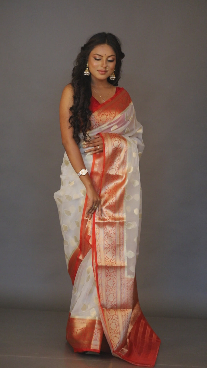 Off white with red kora organza silk handloom jamdani saree video