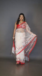 White and multicolour traditional handwoven muslin silk jamdani saree video