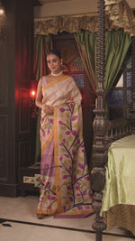 Ivory White With Yellow Border Pure Tussar Silk Handcrafted Wax Batik Saree