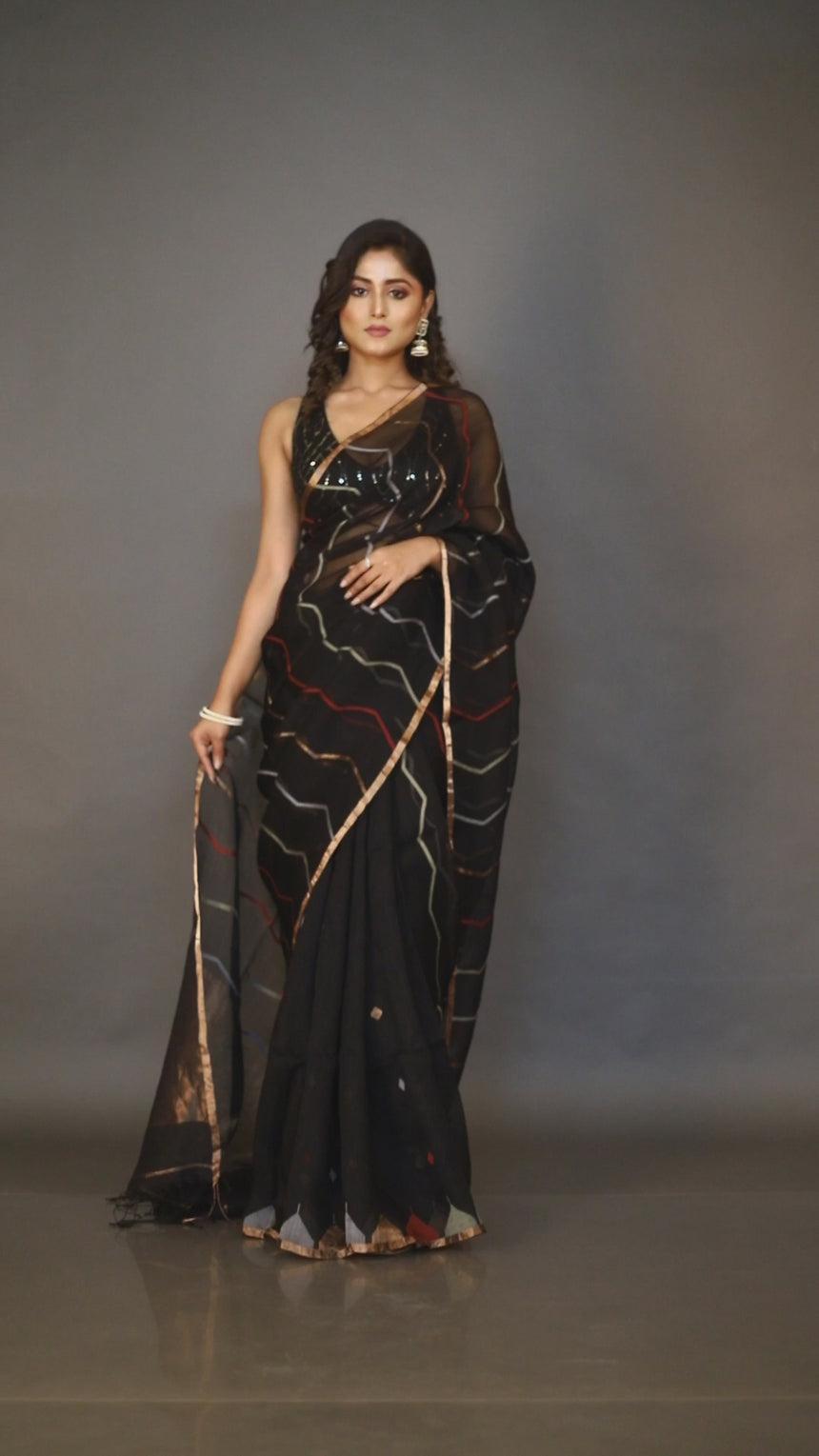 Black with golden zari border silk linen half & half handwoven jamdani saree