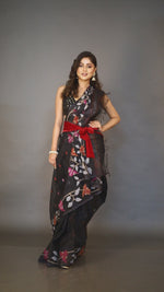Black Handwoven Muslin Silk Jamdani Saree with Orange & Pink Floral Motifs