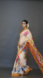 Offwhite & orange lotus motifs hand batik tussar silk saree 