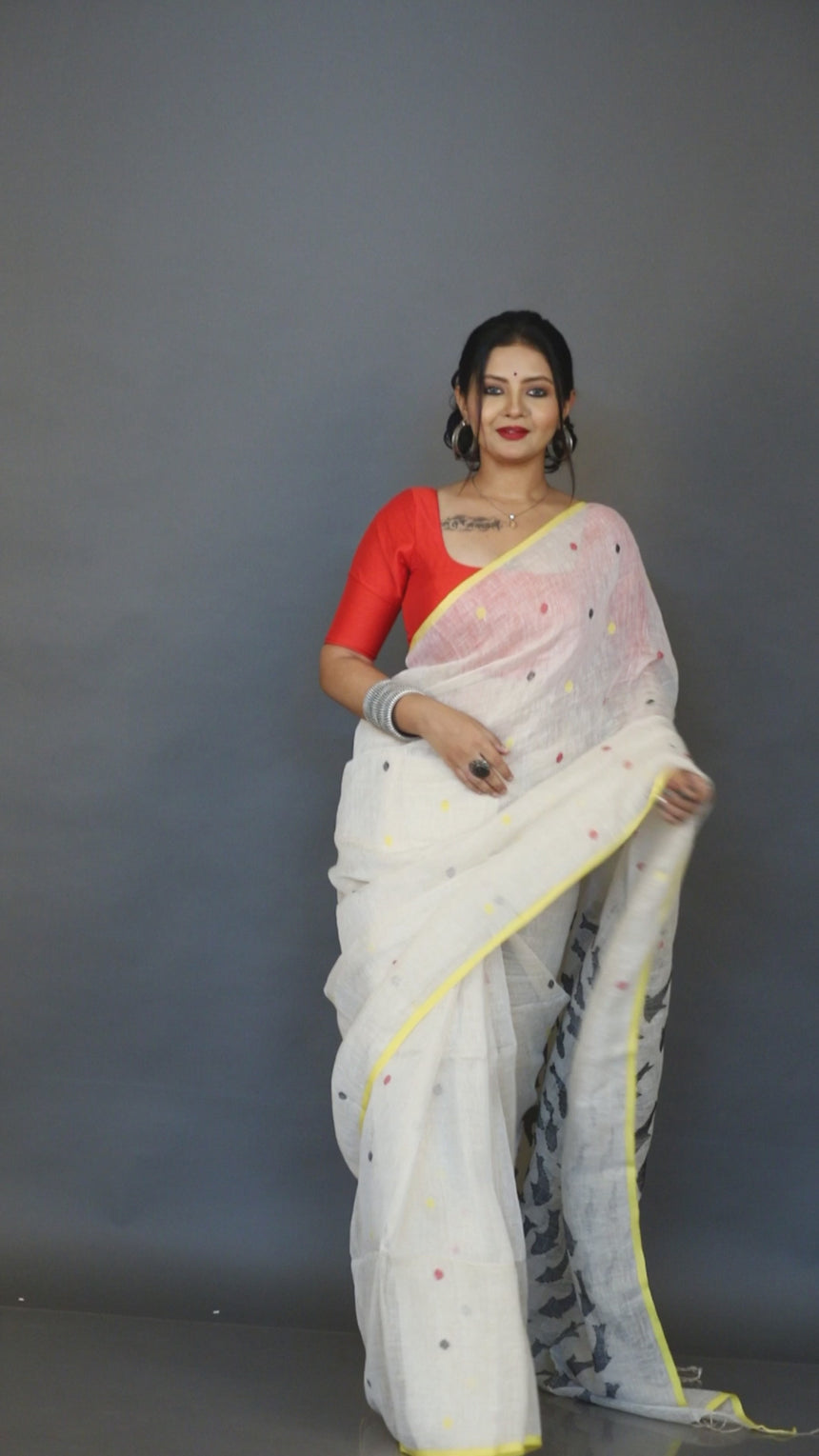 Offwhite with yellow pallu handwoven jamdani in linen saree video