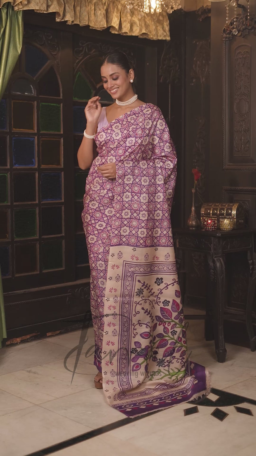 Lavender With Offwhite Combination Pure Tussar Silk Handblock Printed Saree