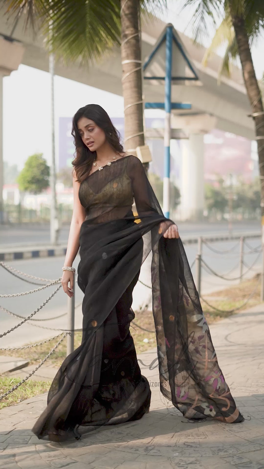 Black With Golden Silver Work Silk Linen Handwoven Jamdani Saree