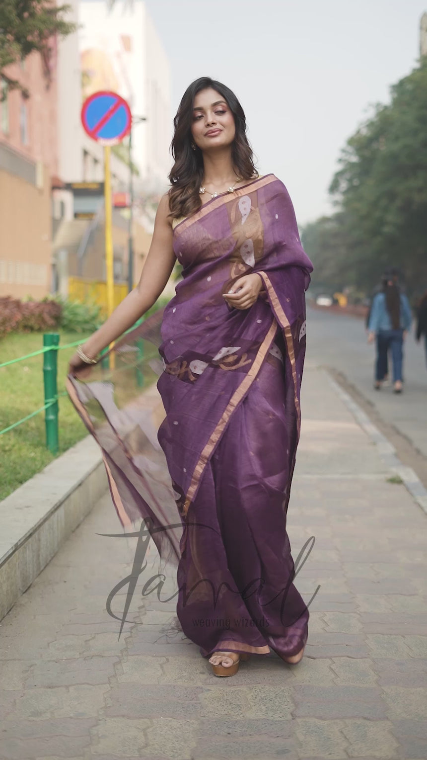 Deep Wine Purple With Zari Border Silk Linen Handwoven Jamdani Saree