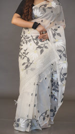 Offwhite Muslin Silk Jamdani Saree With Black & White Floral Design