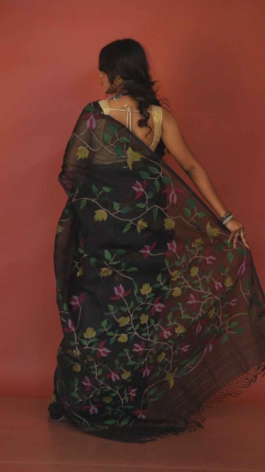 Black with multicolour allover floral handwoven jamdani saree video