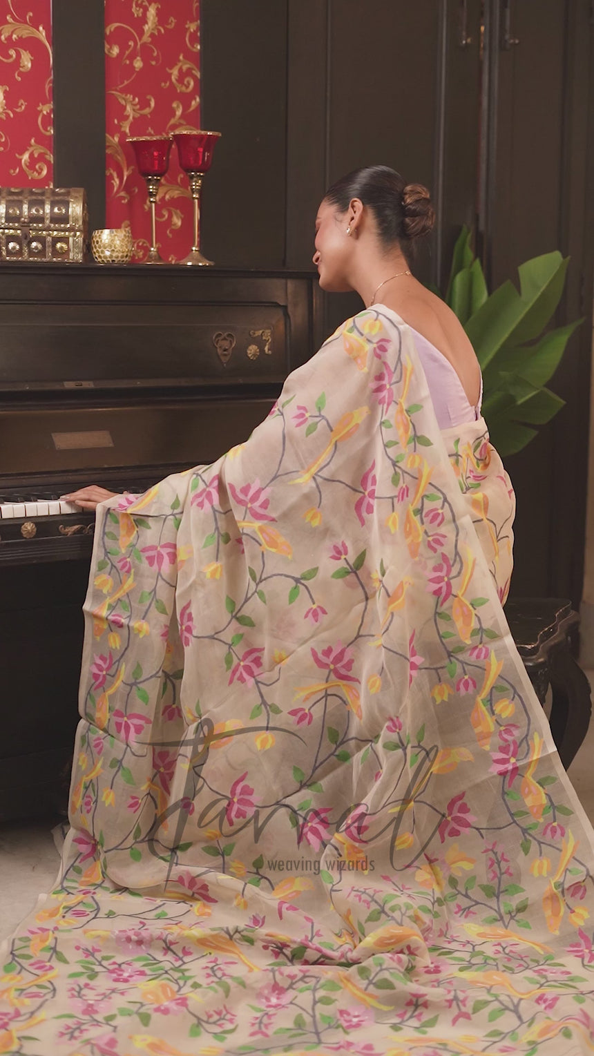 Offwhite With Multicolour Allover Pure Muslin Silk Handwoven Needlework Jamdani Saree