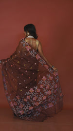 Chocolate brown with the floral lata handwoven jamdani saree video