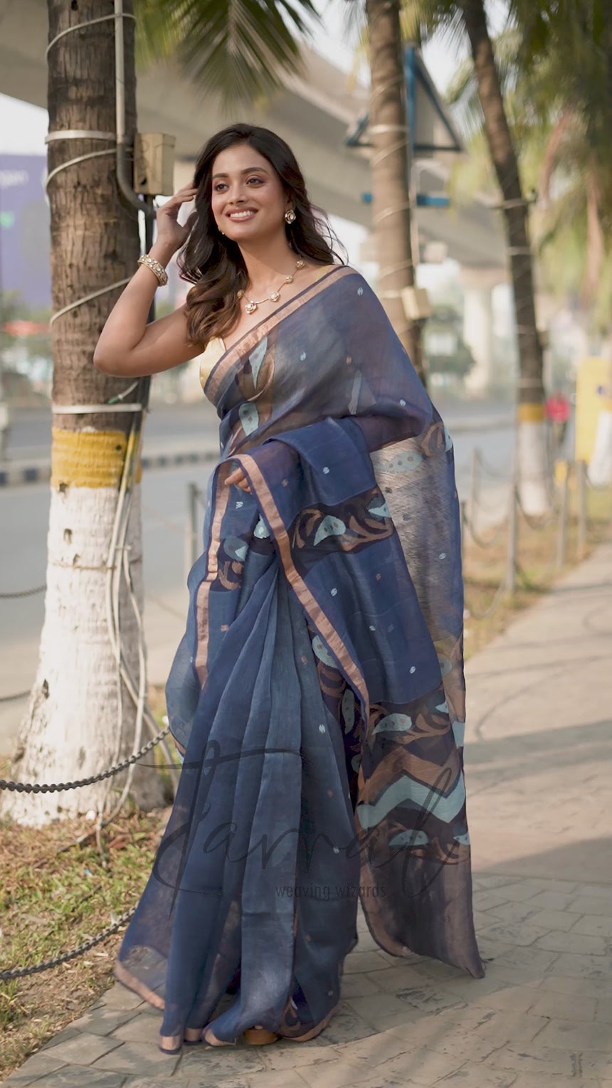 Dusty Indigo Blue With Zari Border Silk Linen Handwoven Jamdani Saree