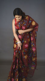 Wine with allover lotus motifs handwoven muslin silk jamdani saree video