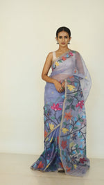 Blueish grey with floral border muslin silk handwoven jamdani saree video