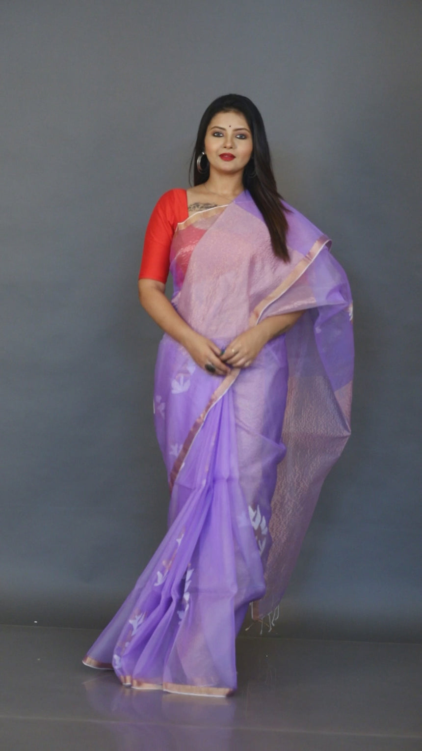 Lilac Organza silk With Floral buta handwoven jamdani saree video