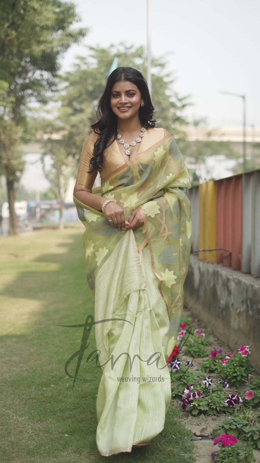 Light Sage Green Half & Half Matka Muslin Handwoven Jamdani Saree