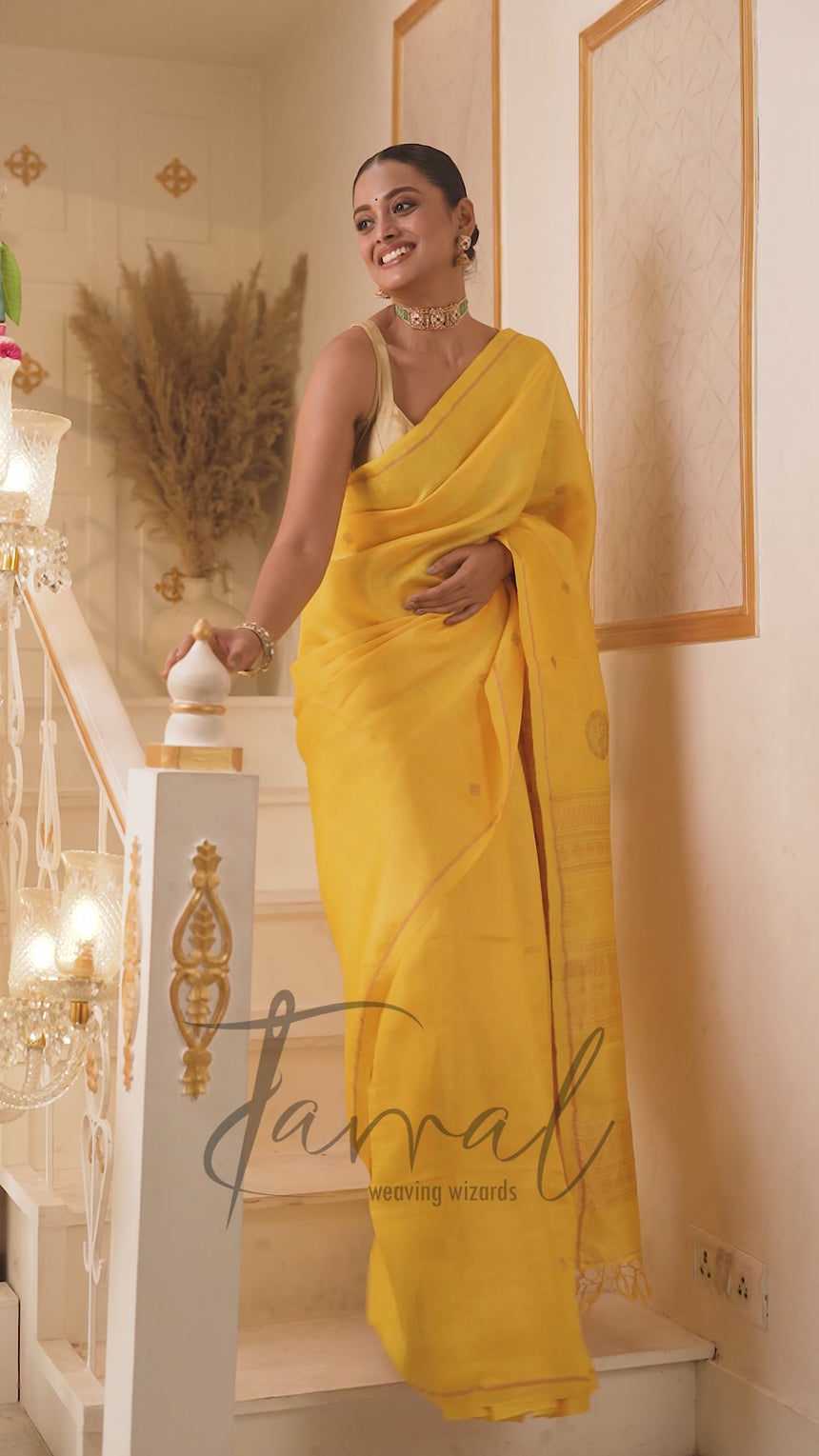 Golden Yellow Colour Pure Tussar Silk Handwoven Jamdani Saree