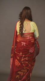 Red Wine with allover floral Muslin silk handwoven jamdani saree video