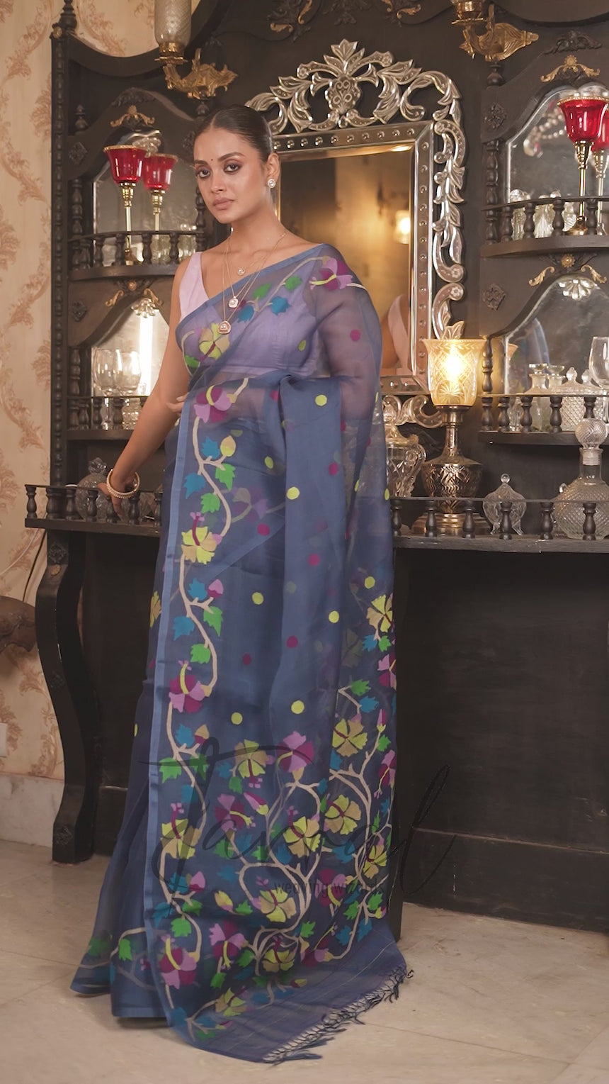 Teal Blue Handwoven Muslin Silk Jamdani Saree with Multicolour Floral Design