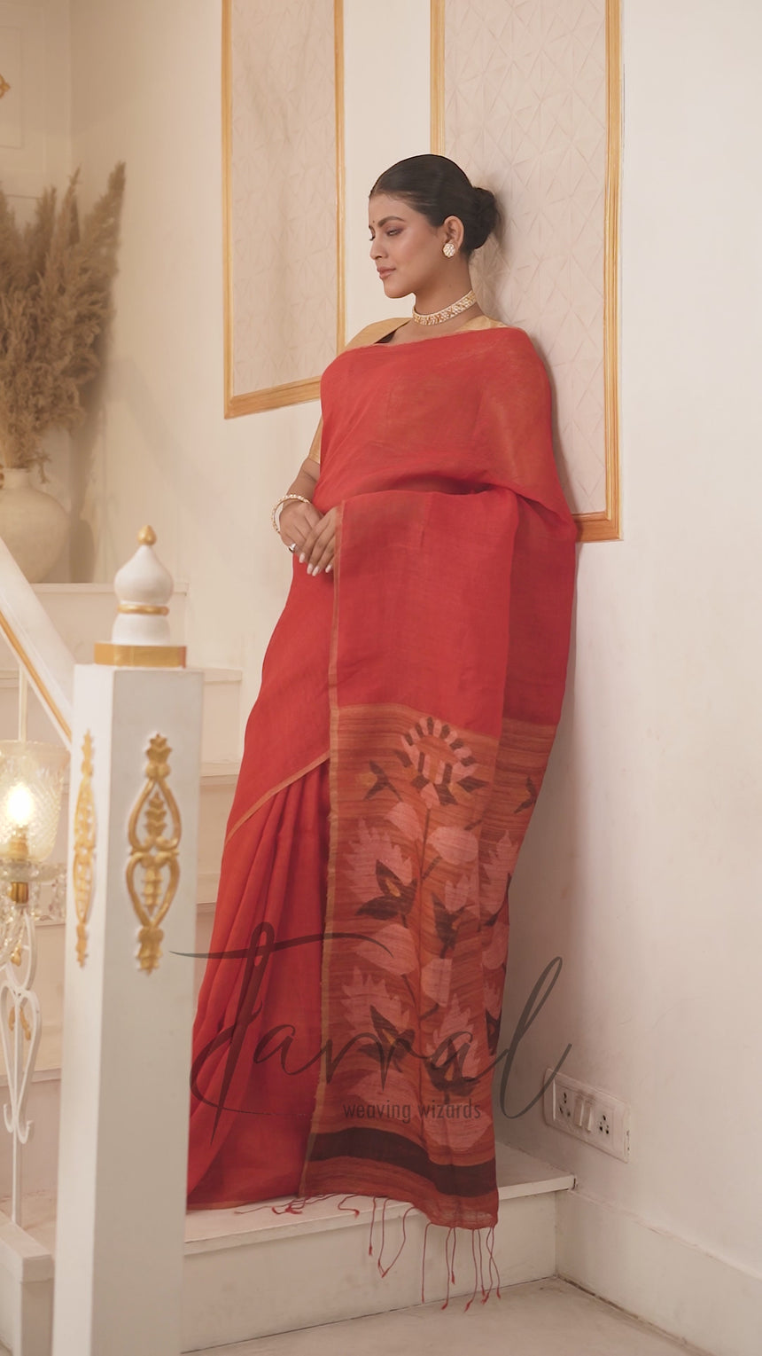 Red With Ghicha Pallu Pure Linen Handwoven Jamdani Saree