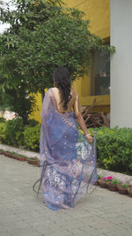 Soft Golden Sky Blue Pure Tissue Muslin Silk Handwoven Jamdani Saree