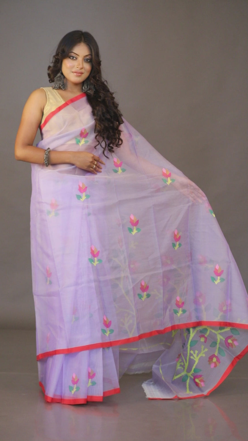 Light lavenderin muslin floral buta handwoven jamadani saree video