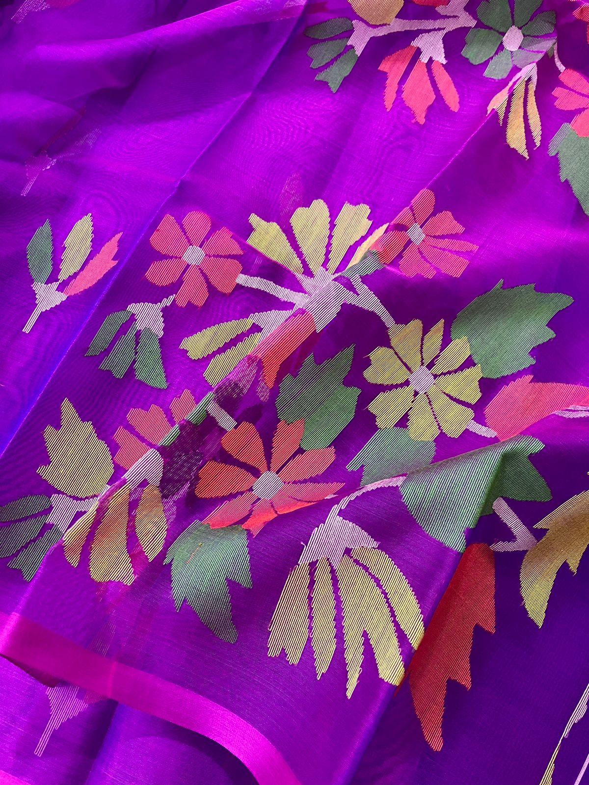 Mal Rani Rani & Blue Dual Tone Muslin Silk Handwoven Jamdani Saree With Floral ...