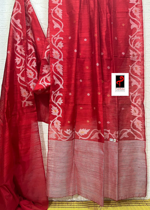Red with white alpona motifs handwoven jamdani saree in matka silk