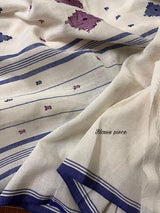 Offwhite with Blue temple border & Pink diamond cotton saree handwoven jamdani saree - Tamal Boutique