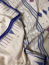 Offwhite with Blue temple border & Pink diamond cotton saree handwoven jamdani saree - Tamal Boutique