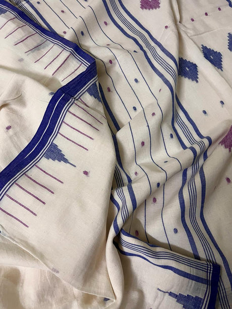 Offwhite with Blue temple border & Pink diamond cotton saree handwoven jamdani saree - Tamal Boutique