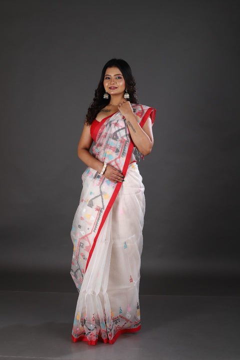 White with red border and multicolour traditional handwoven muslin silk jamdani saree