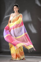 Light yellow with multi colour border mul cotton handloom saree - Tamal Boutique
